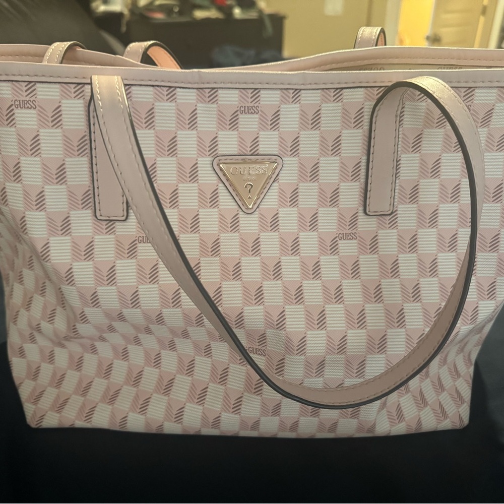 Guess Pink Checkerboard Tote Bag with Gold Emblem